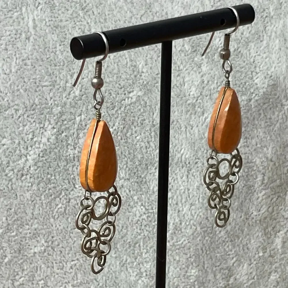 Vintage artist drop earrings silver orange wire chandelier